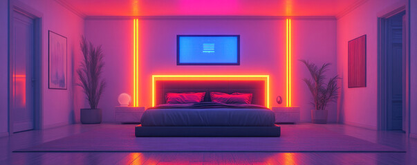 Poster - A bedroom with a bed, a nightstand, and a television. The room is decorated in neon colors, giving it a futuristic and energetic vibe