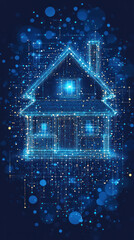Poster - A house is shown in a blue and white color scheme with a lot of sparkles. The house is lit up with blue lights, giving it a futuristic and modern look. The house is surrounded by a lot of dots