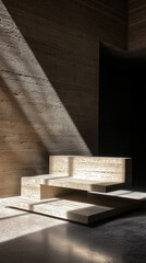 Poster - A chair is sitting in front of a wall with a window. The sunlight is shining on the chair, creating a warm and inviting atmosphere