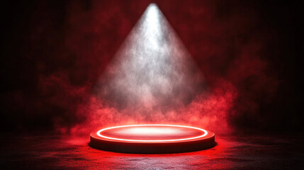 Poster - A red and white lighted stage with a red circle in the center. The red circle is lit up and surrounded by a white light. The scene is set in a dark room with a red and white color scheme