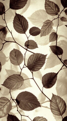 Poster - A leafy tree branch with leaves that are brown and have a vintage look. The leaves are arranged in a way that creates a sense of depth and movement. Scene is nostalgic and calming