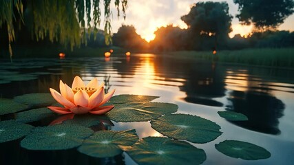 Aufkleber - Sunset view of a lotus flower on a pond.