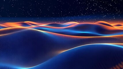 Poster - Futuristic neon waves under starry sky with glowing horizon at dusk