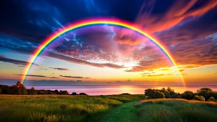 Wall Mural - vivid rainbow arching over a tranquil sunset landscape with lush green meadow and serene water