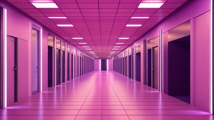 Poster - Pink corridor with glowing lights and doors.
