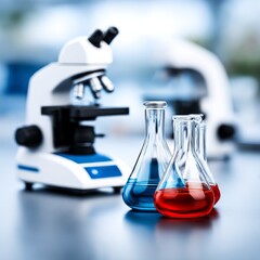 Poster - Scientific Discovery: Close-up of Laboratory Glassware and Microscope on a Clean Bench, Symbolizing Research