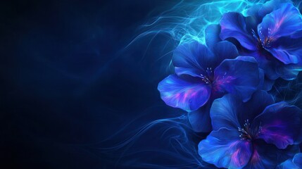 Wall Mural - Blue flowers in smoke, dark background, artistic image for design