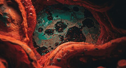 Poster - A close up of a red and green blob with a black center