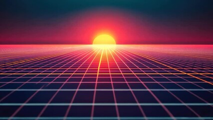 Poster - Retro gridded landscape with sunset.