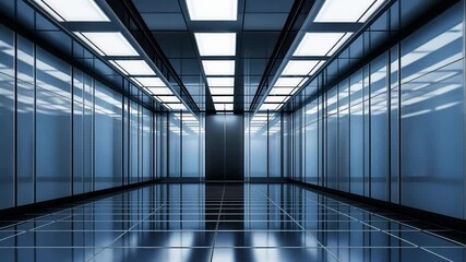 Poster - Modern, empty corridor with glass walls and lights.