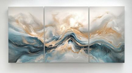 Poster - Stunning abstract artwork featuring flowing waves of blue, gold, and white colors, creating serene and dynamic atmosphere