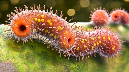 Poster - Microscopic organisms, orange, bumpy texture.