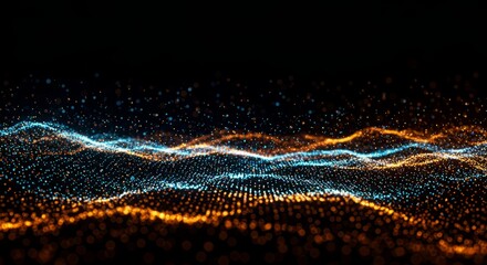 Poster - Abstract digital wave background with blue and orange glowing particles