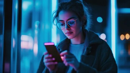 Poster - Woman using smartphone at night.