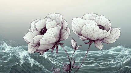 Sticker - Elegant white flowers on a sea of abstract waves