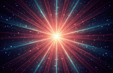 Poster - Vibrant explosion of light radiates from center, surrounded by starry background, creating cosmic atmosphere