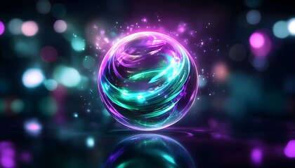 Wall Mural - a luminous colorful sphere glows and reflects on a surface