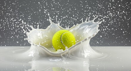 A tennis ball is floating in a splash of milk