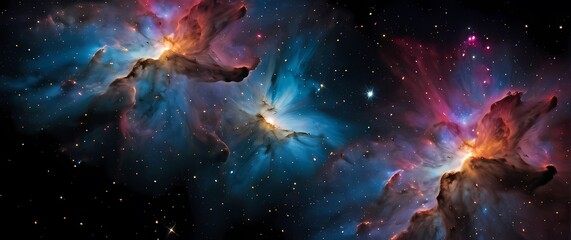 Wall Mural - colorful cosmic nebulae bursting with bright star clusters against a deep black space canvas. extrem