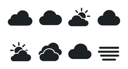 weather forecast solid icon set – filled style climate, meteorology, and atmosphere symbols: cloudy,