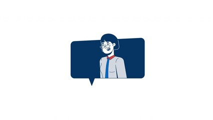 Poster - Asian female executive speaking in chat bubble 2D character animation. Cheerful korean woman manager in dialogue, communication animated person cartoon 4K video isolated on white transparent