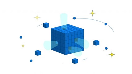 Poster - Digital data cube with orbiting blocks and sparkles 2D cartoon object animation. High tech futuristic technology model. Geometric structure animated flat colorful item 4K video isolated on white