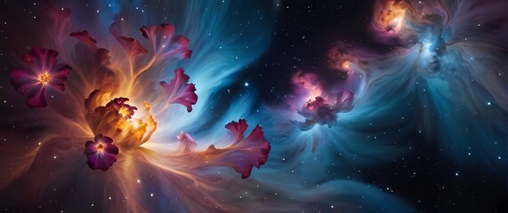 Wall Mural - bright colorful nebula clouds shaped like giant cosmic flowers beside distant star clusters. extreme