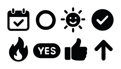 Poster - Essential ui solid icons set – filled style user interface, app development, and digital design elements: calendar, circle, sun, checkmark, flame, yes badge, thumbs up, arrow.