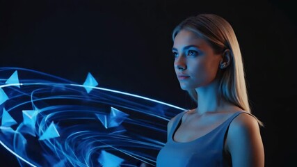 Poster - Woman surrounded by floating digital triangles in motion. 