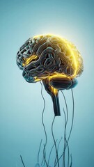 Poster - Abstract 3D brain made of tangled glowing wires on black background.