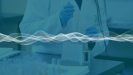 Poster - Scientist pipetting yellow liquid into test tubes on shiny metal bench under wave data overlay