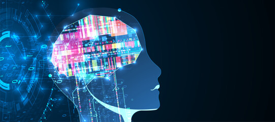 Aufkleber - Abstract background on the theme of artificial intelligence. Brain shape with technological elements inside the contour.