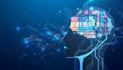 Aufkleber - Abstract background on the theme of artificial intelligence. Brain shape with technological elements inside the contour.