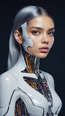 Poster - Portrait of android woman with half-face removed to show internal components.

