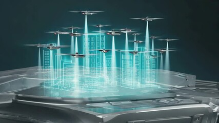 Poster - A drone swarm forming a digital 3D model of a city above a platform. 
