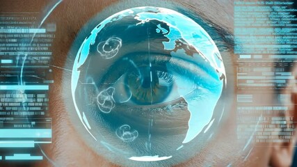 Poster - Circular data interface surrounding a human eye with glowing biometric scanner. 