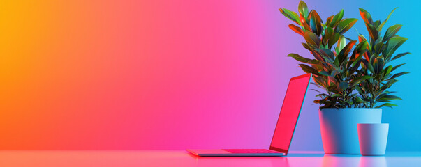 Poster - Modern laptop sits beside vibrant potted plant against colorful gradient background, creating lively workspace atmosphere