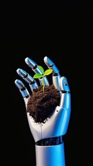 Poster - Robotic hand gently holding a growing plant under a spotlight. .
