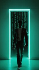 Poster - Man stepping through projected door frame into code-filled environment.