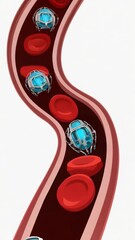 Poster - Medical nanobots illustrated moving through digital bloodstream tunnel.