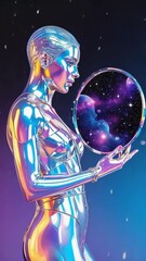 Poster - AI-generated humanoid holding a mirror reflecting the universe. 