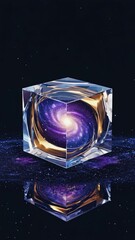 Poster - Abstract glass cube containing swirling galaxy inside. 