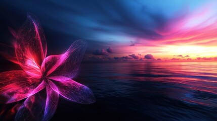 Wall Mural - Glowing flower over ocean sunset