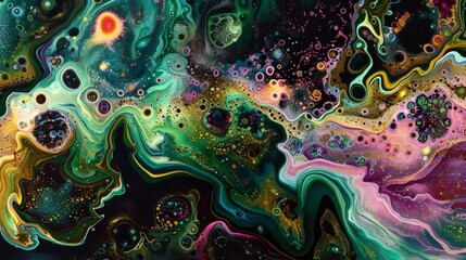 Poster - A celestial scene depicting the birth of a new galaxy, with swirling clouds of colorful cosmic dust in greens, pinks, and blues