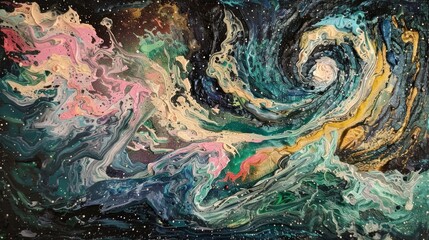 Poster - A celestial scene depicting the birth of a new galaxy, with swirling clouds of colorful cosmic dust in greens, pinks, and blues