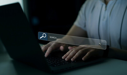 Poster - person clicking internet search page on touch screen. searching information on internet. seo searchi