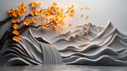 Canvas Print - 3D Wall Decor  Cherry Blossoms, Mountains, Waterfall