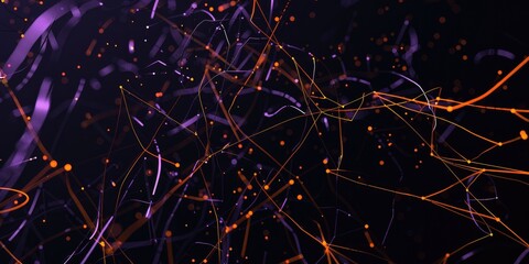 Poster - Purple waves with glowing particles on a dark background. Digital art with fluid motion and depth. Background image of red and purple glowing dots connecting together with black background. AIG51.