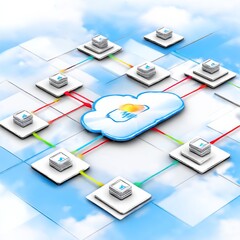Poster - Cloud Computing Network: Abstract Illustration of Data Servers Connected to a Central Cloud