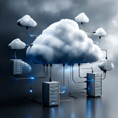 Aufkleber - Cloud Computing Network: Servers Connected to Cloud Storage Under Stormy Sky. Cyber Security Architecture Concept.